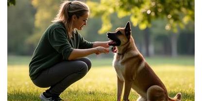 Dog trainers interacting with dogs outdoors